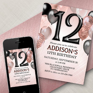 12th Birthday Rose Gold Balloons Invitation