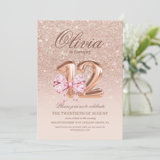 12th Birthday Rose Pink Gold Bow Birthday Party Invitation (Standing Front)