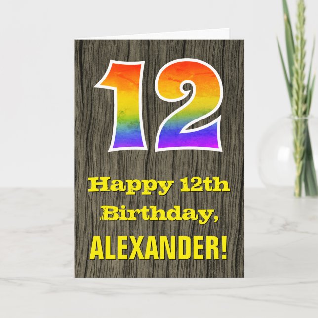 12th Birthday: Rustic Faux Wood Look, Rainbow "12" Card (Front)
