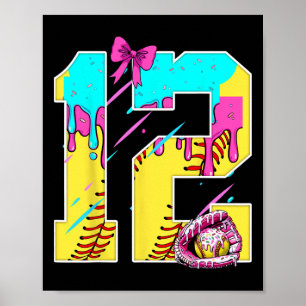 12th Birthday Softll Ice Cream Drip Bow 12 Years K Poster