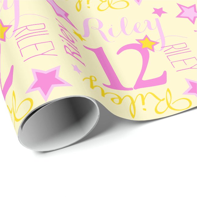12th birthday star custom name yellow pink wrapping paper (Roll Corner)
