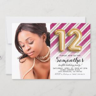 12th Birthday Striped Gold Portrait Invitation