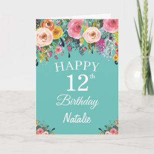 12th Birthday Watercolor Floral Flowers Teal Card