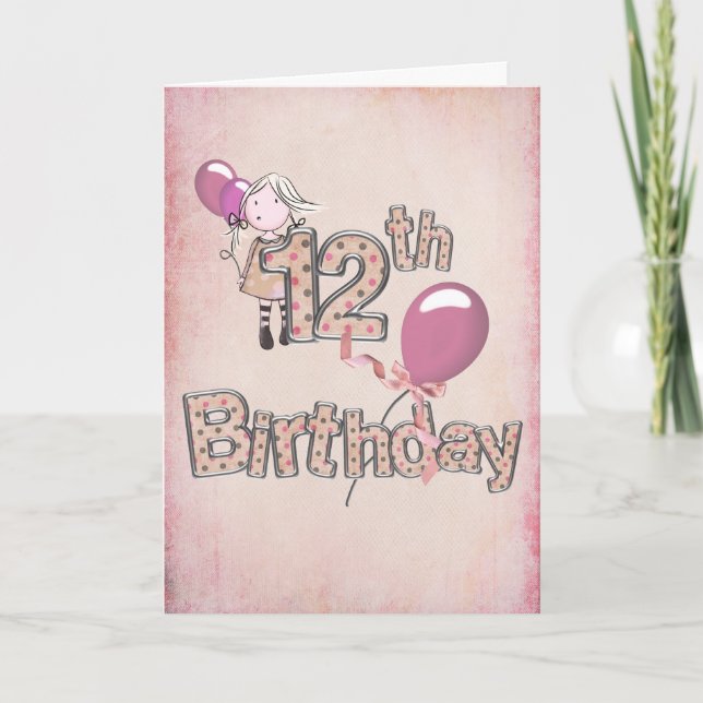 12th Birthday with girl holding pink balloons Card (Front)
