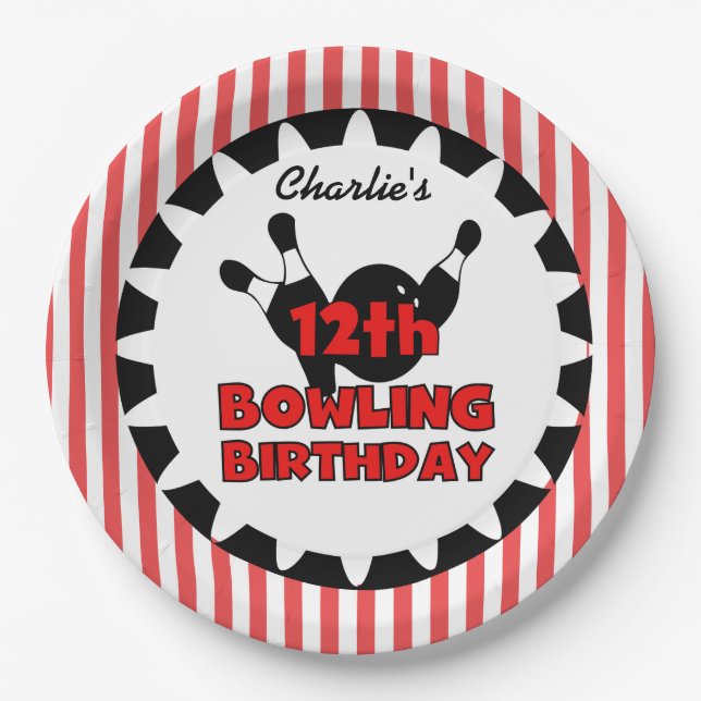 12th Bowling Sports Happy Birthday Paper Plate (Front)