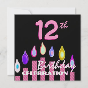 12th Girl Birthday Party Pink Striped Candles W685 Invitation