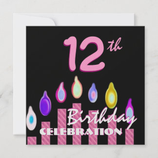 12th Girl Birthday Party Pink Striped Candles W685 Invitation