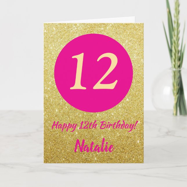12th Happy Birthday Hot Pink and Gold Glitter Card (Front)