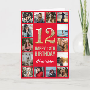 12th Happy Birthday Red and Gold Photo Collage Card