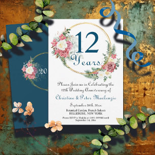 12th Silk Wedding Anniversary Roses Gold Frame Invitation