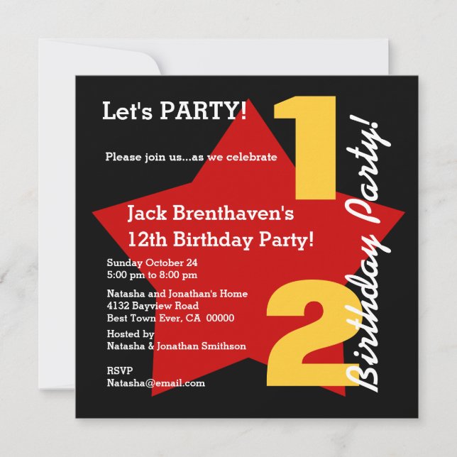 12th TWEEN'S Birthday Modern BLACK RED Star T02C Invitation (Front)