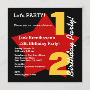 12th TWEEN'S Birthday Modern BLACK RED Star T02C Invitation