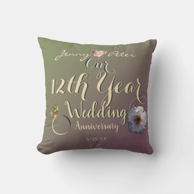 12th Wedding Anniversary Jade and Peonies Cushion (Front)