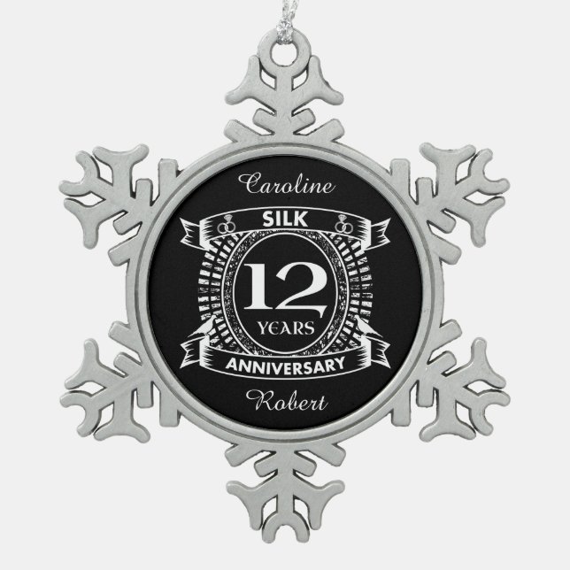12TH wedding anniversary silk Snowflake Pewter Christmas Ornament (Front)