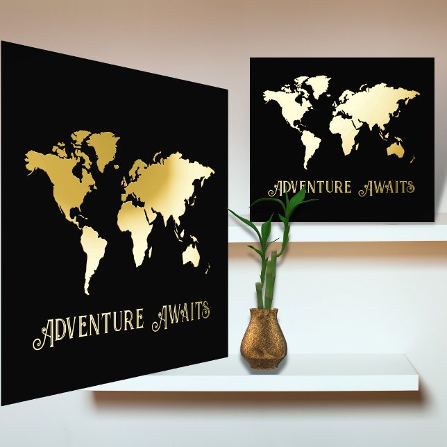 12x12 Black GOLD World Map Adventure Awaits Travel Foil Prints (Creator Uploaded)