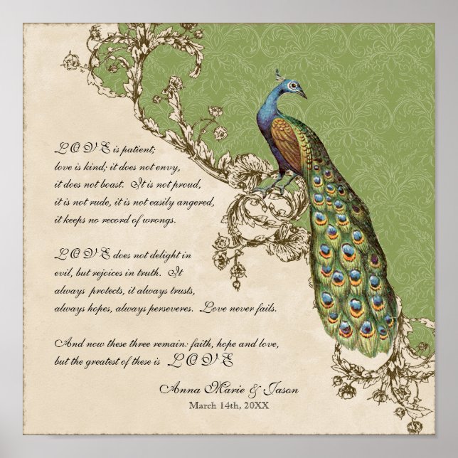 12x12 Vintage Peacock 1 - Wedding Personalised Poster (Front)