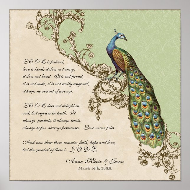 12x12 Vintage Peacock 1 - Wedding Personalised Poster (Front)