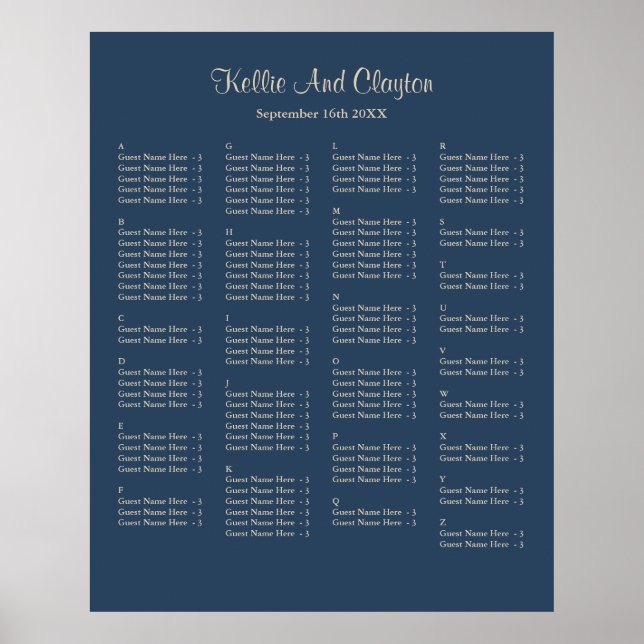 130 Classic Blue Simple Wedding Seating Chart (Front)