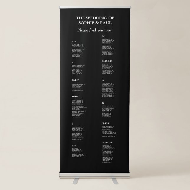 130 Guest Black Alphabetical Seating Chart Retractable Banner (Front)