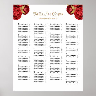 130 Red And Gold Floral Wedding Seating Chart