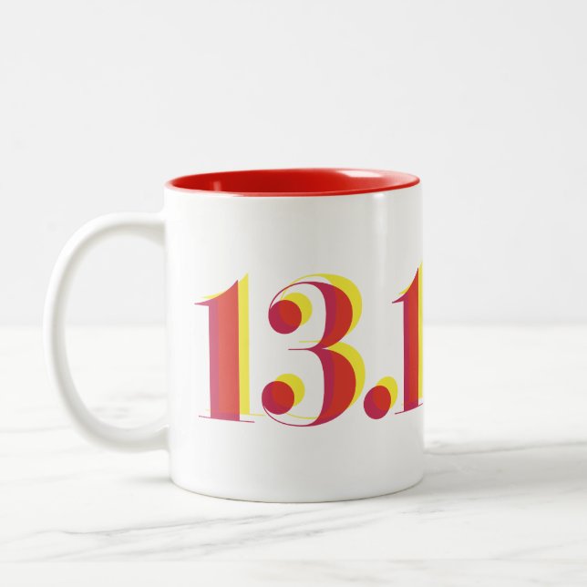 13.1 Half Marathon Running Bold Yellow Red Text Two-Tone Coffee Mug (Left)