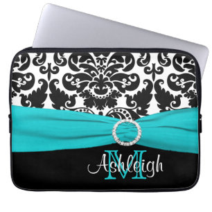 13" Aqua Black White FAUX Ribbon Laptop Sleeve