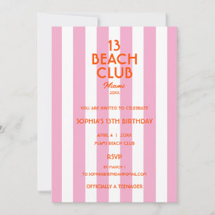 13 Beach Club Cabana Stripe 13th Birthday Party  Invitation