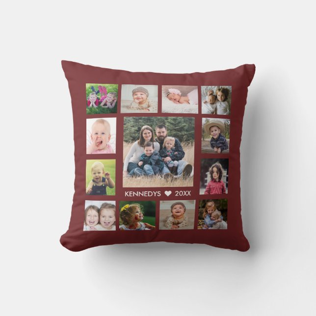 13 Family Photo Collage Create Your Own Burgundy Cushion (Front)