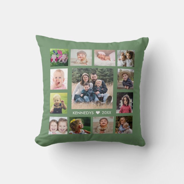 13 Family Photo Collage Create Your Own Green Cushion (Front)