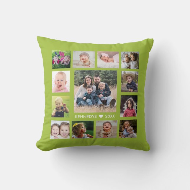 13 Family Photo Collage Create Your Own Lime Green Cushion (Front)