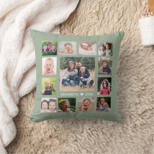 13 Family Photo Collage Create Your Own Sage Green Cushion