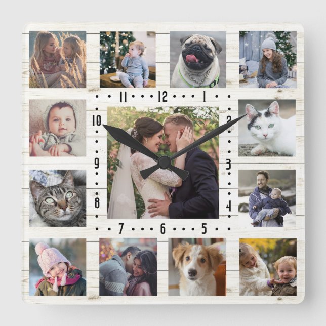 13 Family Photo Collage Rustic Farmhouse Lt Wood Square Wall Clock (Front)
