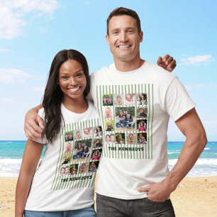 13 Photo Collage Family Name Sage Green Striped T-Shirt