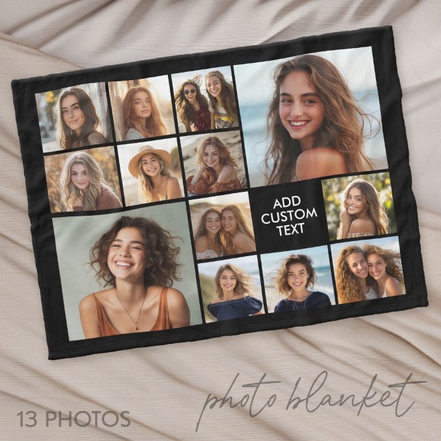 13 Photo Collage Grid Black background black text Fleece Blanket (Photo Blanket - Personalize with Your Photos)
