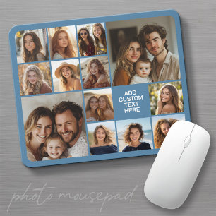 13 Photo Collage Grid Blue background White text Mouse Mat