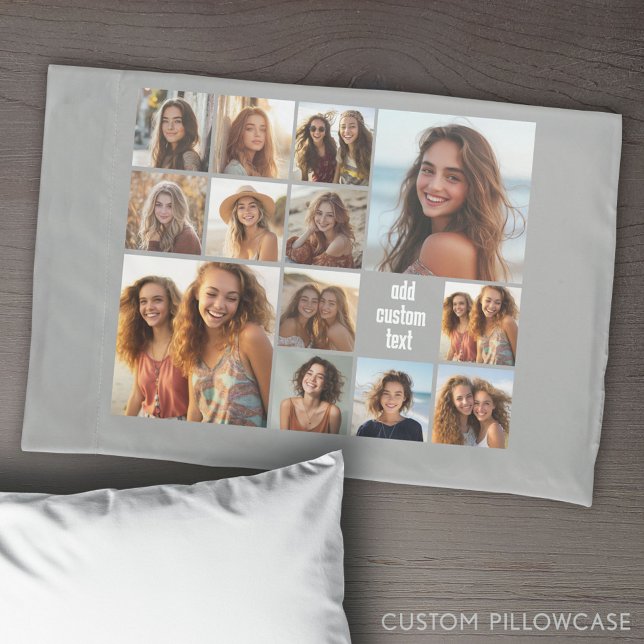 13 Photo Collage Grid grey background black text Pillowcase (Create Your Own Photo Collage Pillowcase)