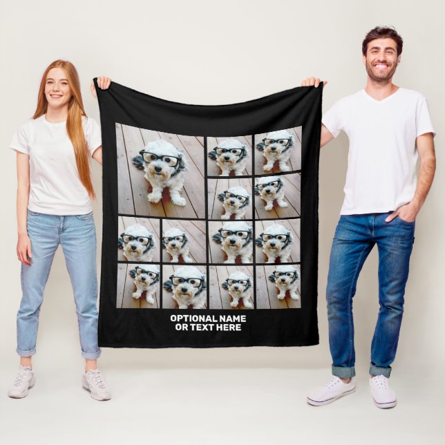 13 Photo Collage Modern Square Layout Black Fleece Blanket (In Situ)