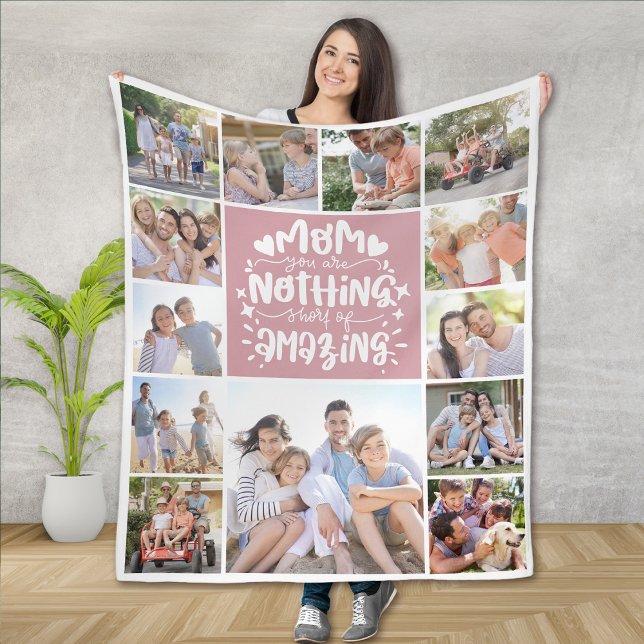 13 Photo Collage Mum You Are Amazing Pink Fleece Blanket (Creator Uploaded)