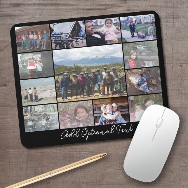 13 Photo Collage Optional Text -- CAN Edit Black Mouse Mat (Personalized mouse pad with your photos and text)
