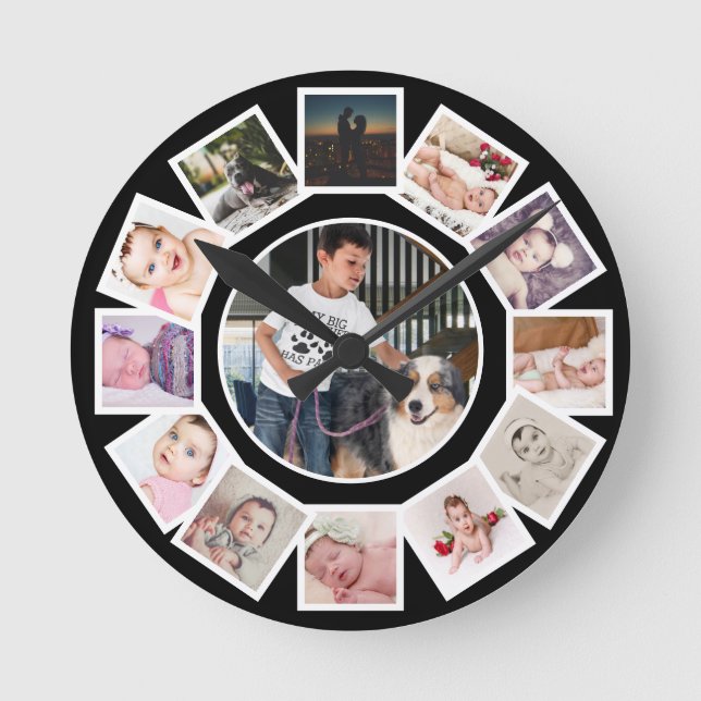 13 Photo Collage Personalised Black White Round Clock (Front)