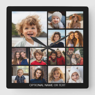 13 Photo Funky Collage with Simple Text Square Wall Clock