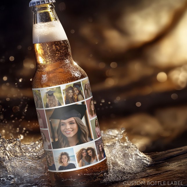 13 Photo Instagram Collage with Green Background Beer Bottle Label (Custom Photo Collage on a Food and Beverage Label)