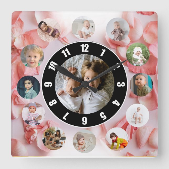 13 Photos collage Personalised Name rosy Square Wall Clock (Front)