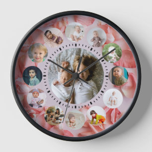 13 Photos collage Personalised Name rosy Watch Clock