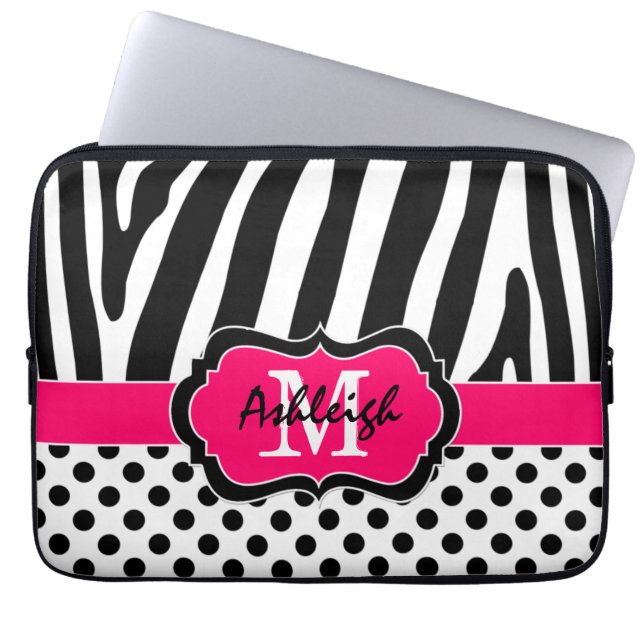 13" Pink Black Zebra Stripes Polka Dot Laptop Case (Front)
