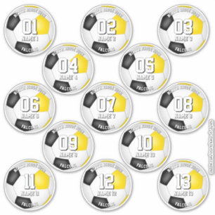 13 single soccer stickers w black gold team colors