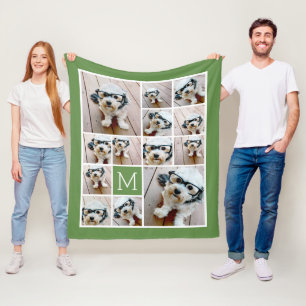 13 Square Photo Collage Monogram Green - green Fleece Blanket
