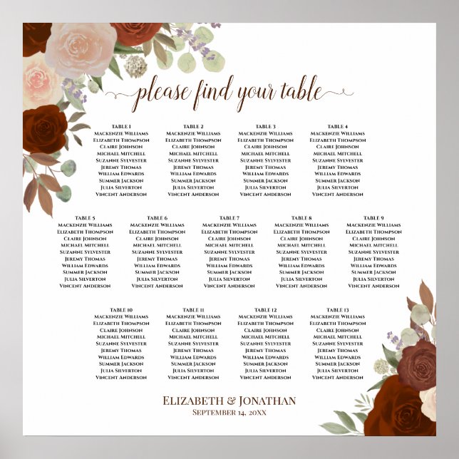 13 Table Autumn Orange Roses Wedding Seating Chart (Front)