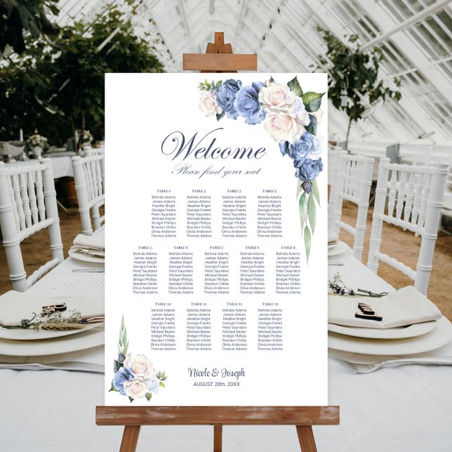 13 Table Blue White Rose Floral Seating Chart (Creator Uploaded)