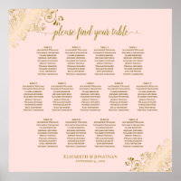 13 Table Blush Pink & Gold Wedding Seating Chart